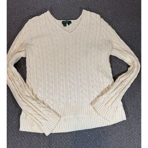 Lauren Ralph Lauren Women's Classic Cable Knit Cream Sweater Preppy Cotton